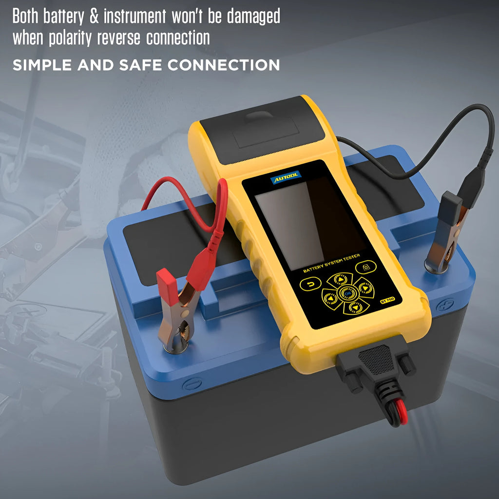 Autool BT760 vehicle battery tester with colour screen, connection clips, and thermal printer.