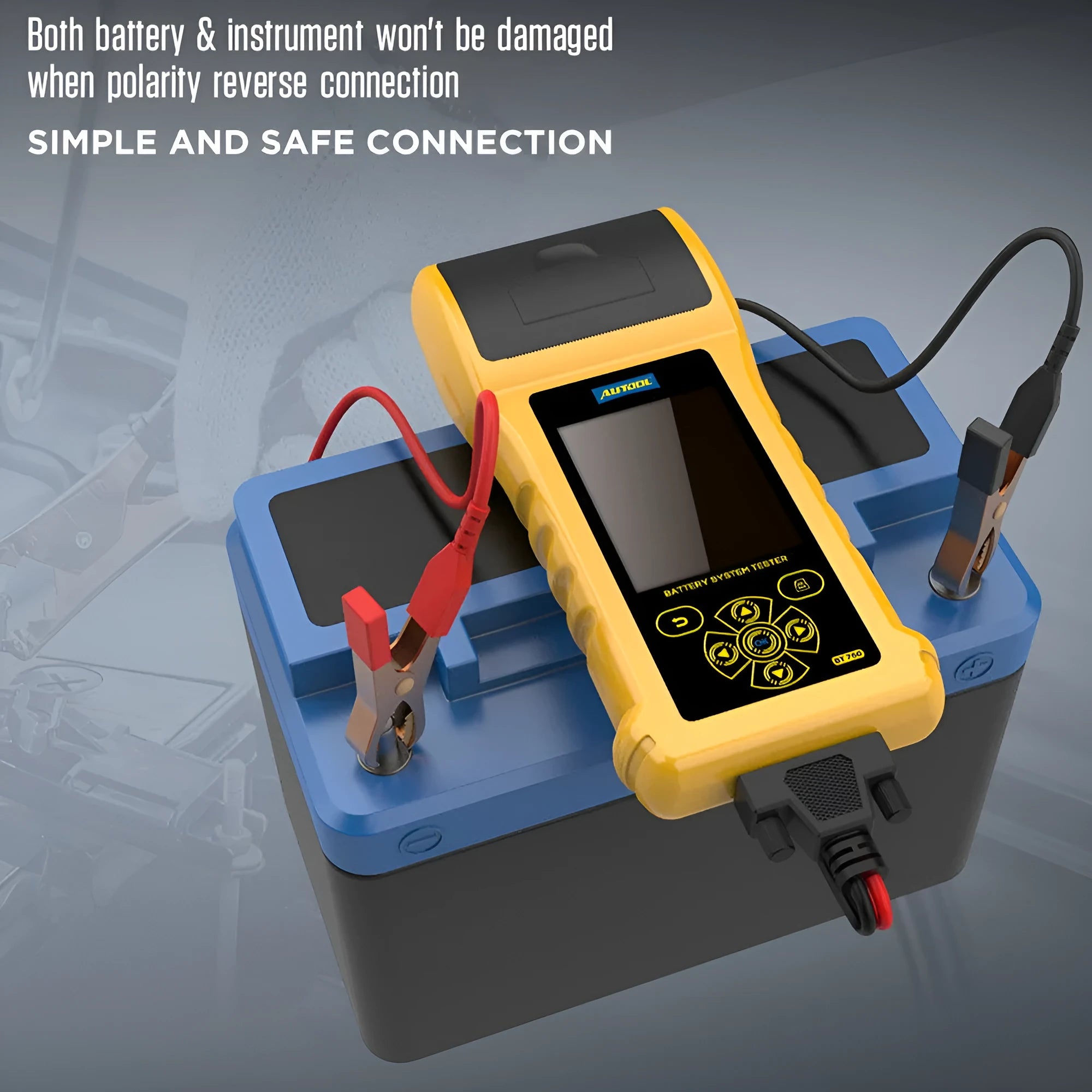 Autool BT760 vehicle battery tester with colour screen, connection clips, and thermal printer.