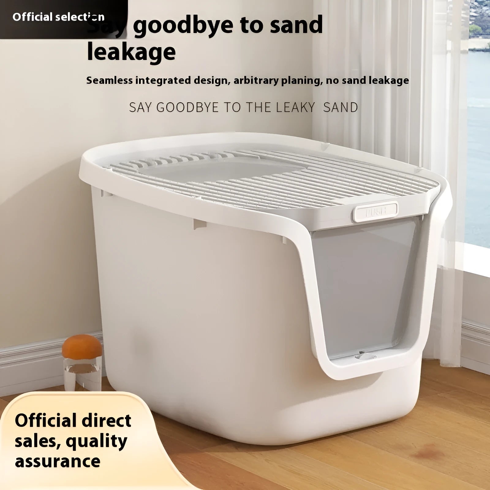 Fully enclosed extra large cat litter basin in medium grey with roll tail top entrance, deodorising film, cat shovel, and cat teasing pole