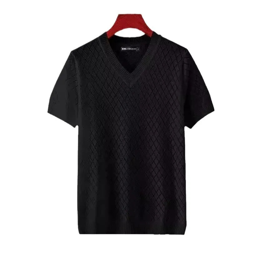 Men's white and black ice silk short sleeve t-shirt with V-neck or round neck option