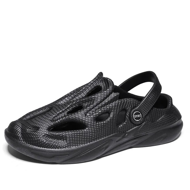 Men's breathable hollow-out EVA slippers in grey, flat heel, round toe, on a plain background