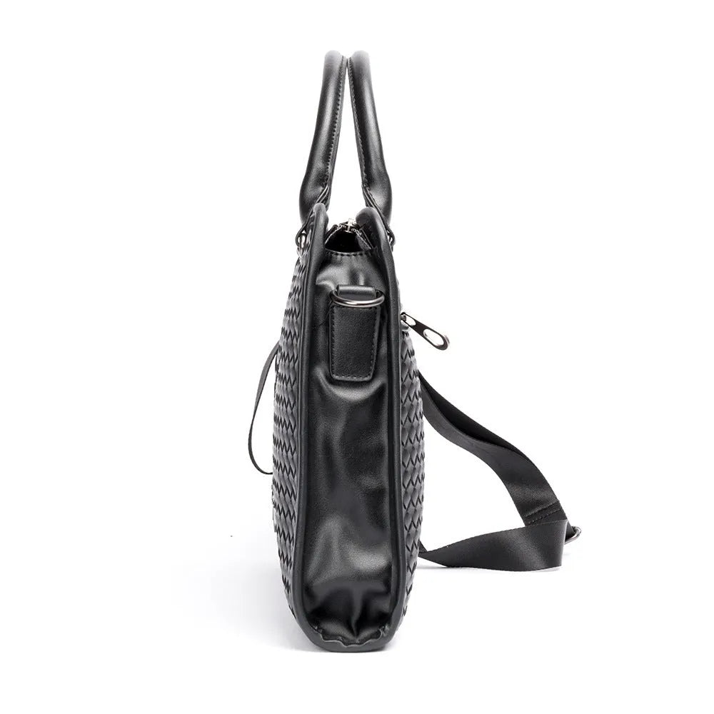 Black PU leather stitching woven business casual men's briefcase with shoulder strap and crossbody carry