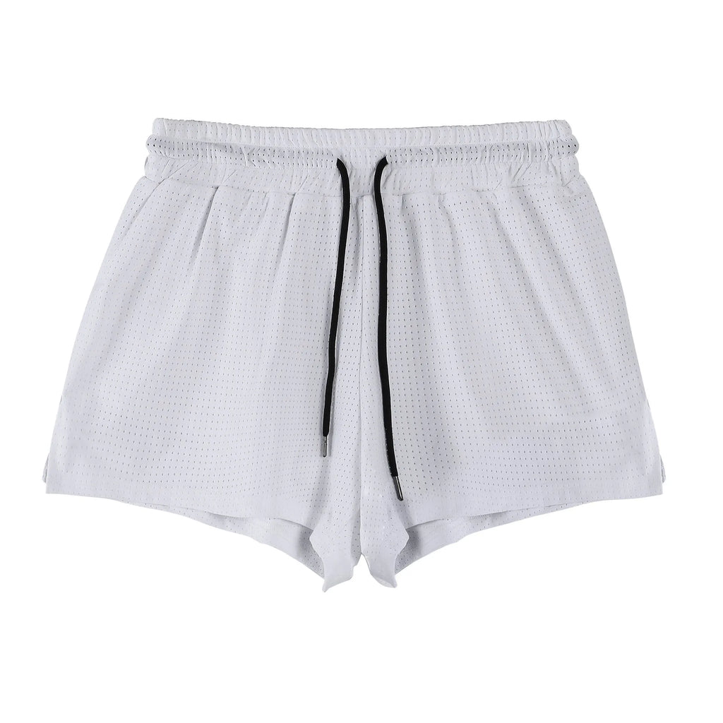 A pair of men's black nylon quick-dry shorts laid flat.