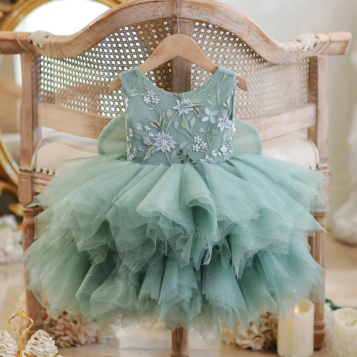 Girl's mori style princess birthday party dress in chemical fibre blend, available for 80cm to 150cm height girls