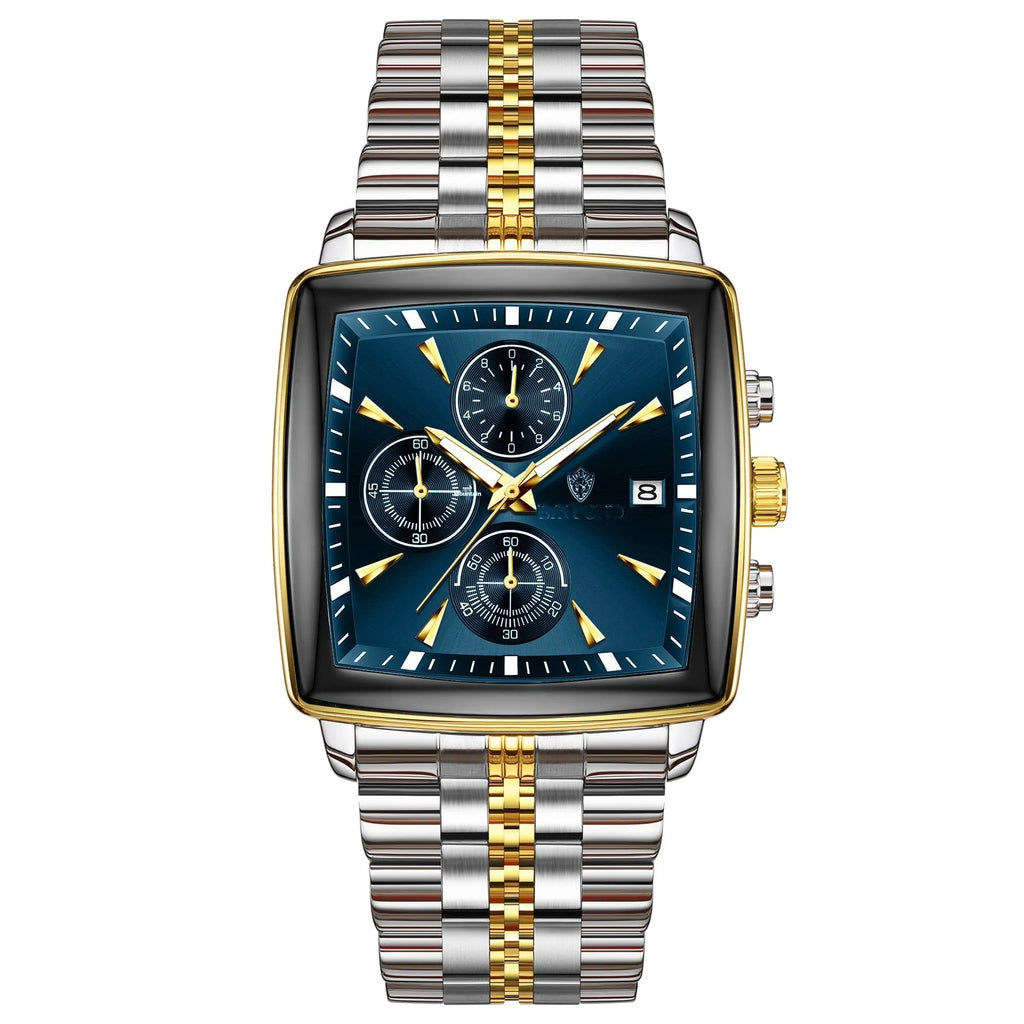 Men's rectangular dial quartz watch with luminous hands and stainless steel construction