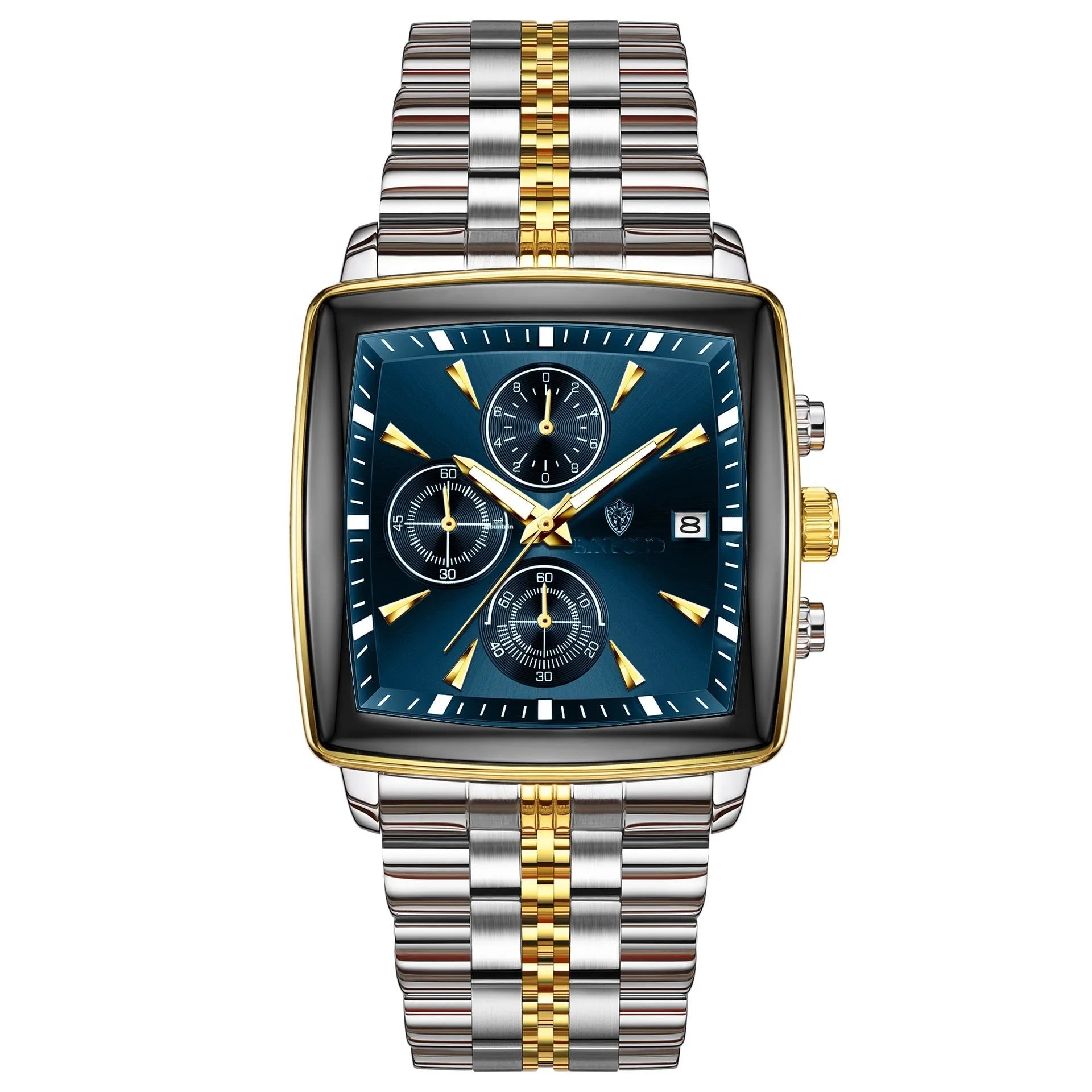 Men's rectangular dial quartz watch with luminous hands and stainless steel construction