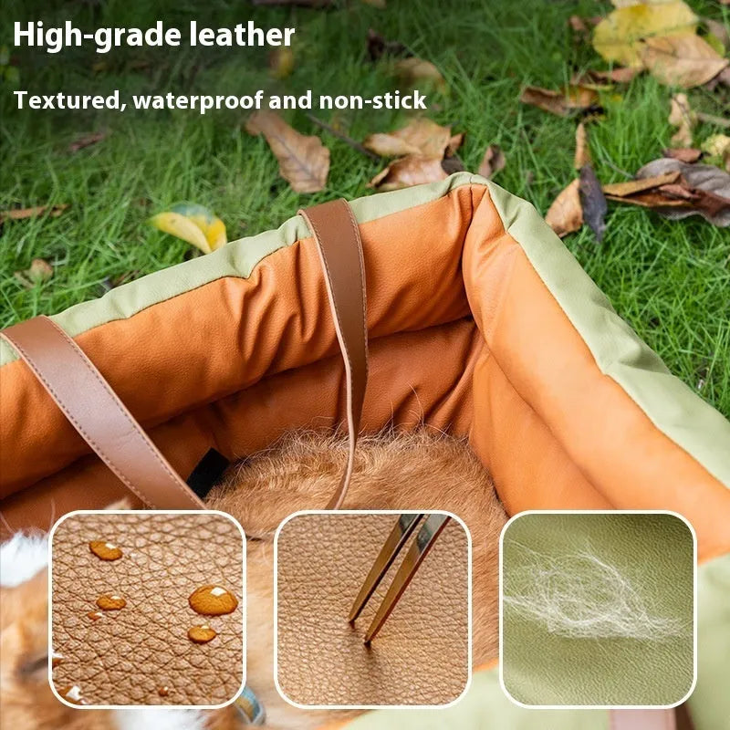 Brown portable car kennel for cats with removable cloth cover showing 55x50x45cm dimensions