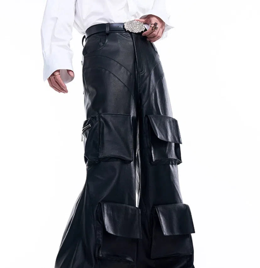 Black wide leg leather pants with three-dimensional pockets, autumn Korean style, sizes S to XL