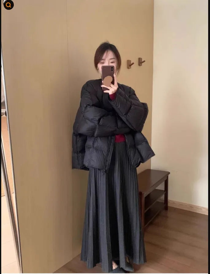 Dark grey artistic retro long knitted dress suit with 3D pattern and ethnic collage stitching, shown as a two-piece set.