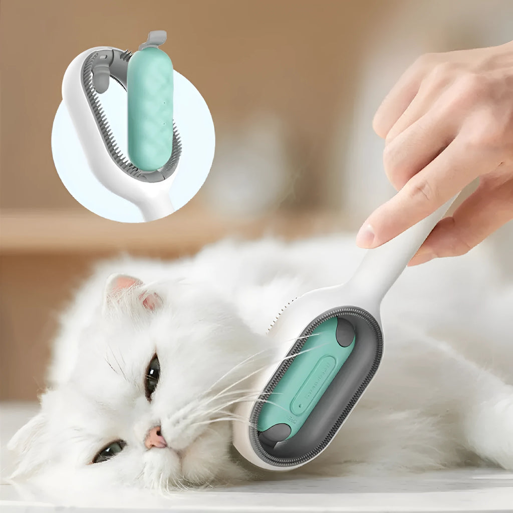Pet grooming comb with blue handle and built-in cleaning tank for dematting dogs and cats