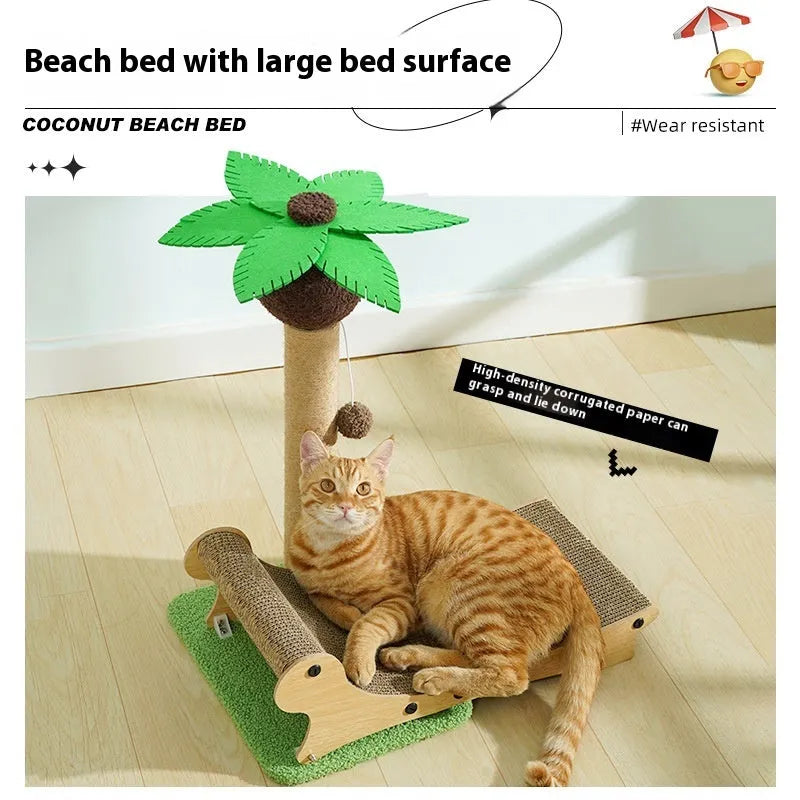 Wooden beach chair-shaped cat nest with a scratch board and woven hemp mat.