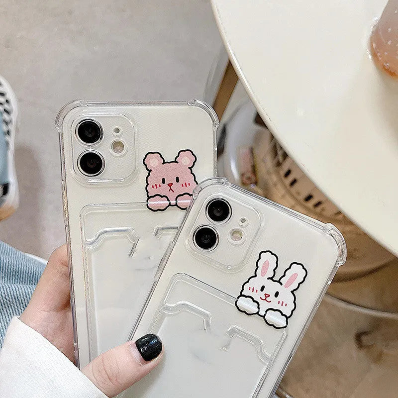 Transparent cartoon design iPhone case with card slots on the back