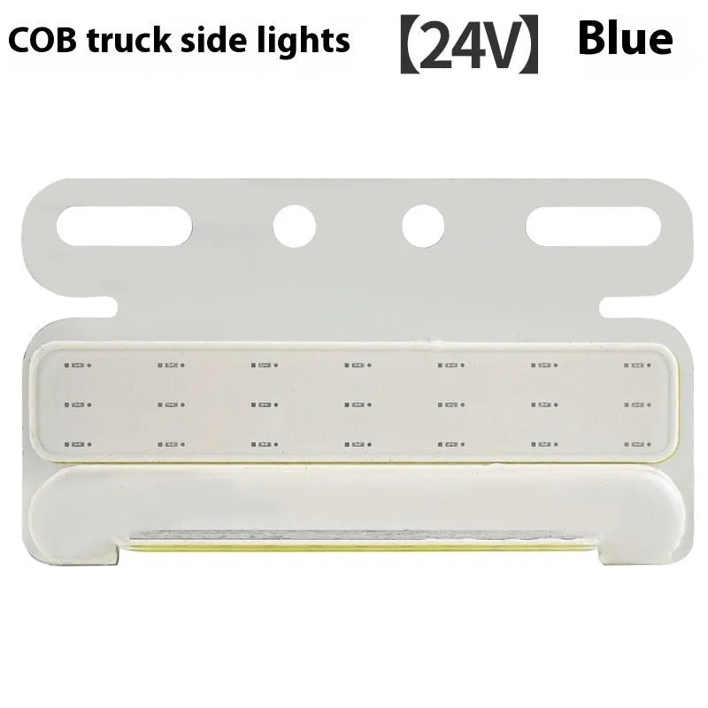 Waterproof aluminium alloy LED side light for trucks, showing bright COB illumination in blue, mounted near a vehicle tyre.
