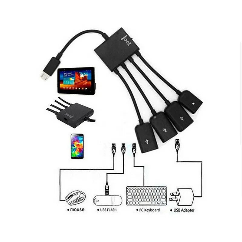 Black micro USB OTG one-to-four multi-port adapter with 0.25m cable for Android devices