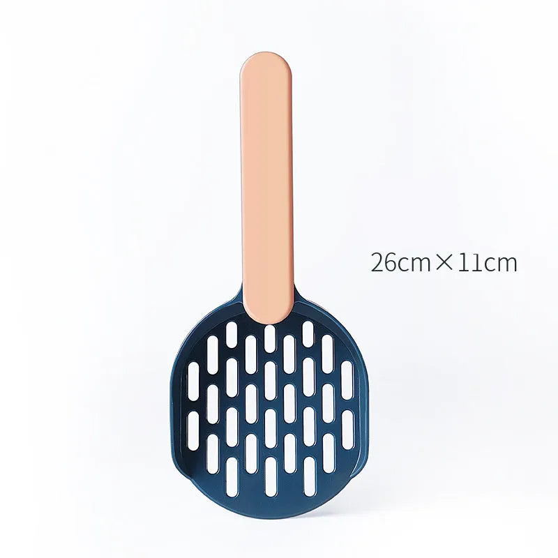 Plastic cat litter shovel with fine mesh sieve in blue, green, or pink colours