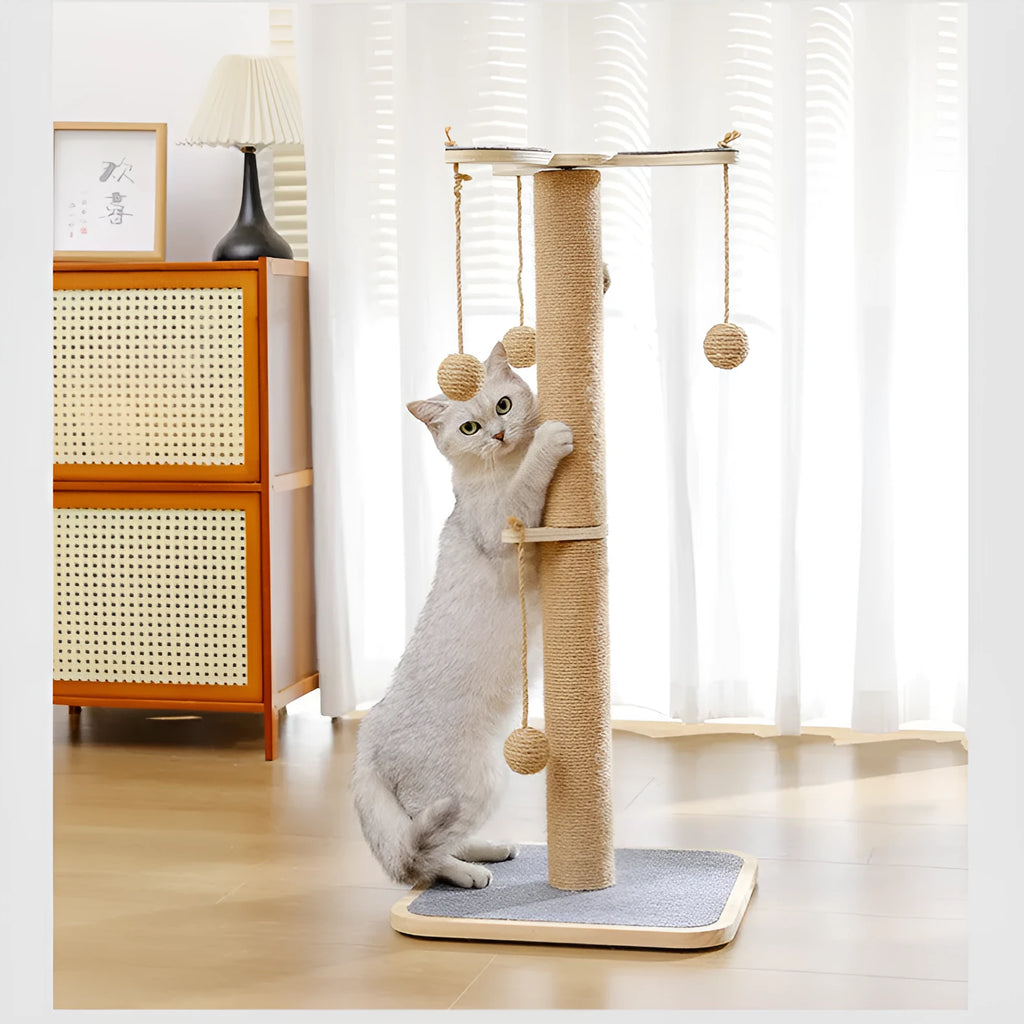 Natural pine wood cat climbing frame with a tufted post and a white windmill-style hanging ball toy.