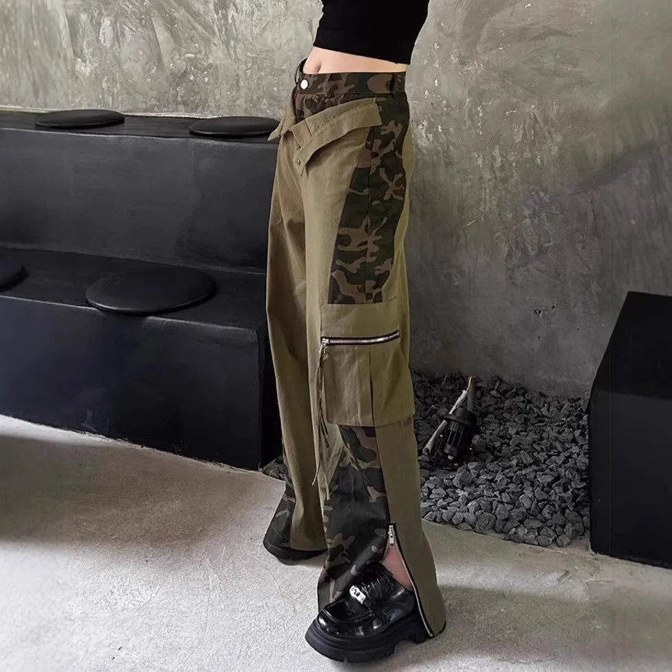 Dark khaki leopard print high waist straight leg jeans with retro tooling style and fake two stitching