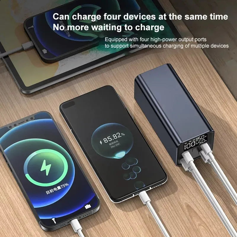 Black high-power 65W laptop charging bank with USB-C port, showing dimensions of 47.5x104.5x47.5mm.