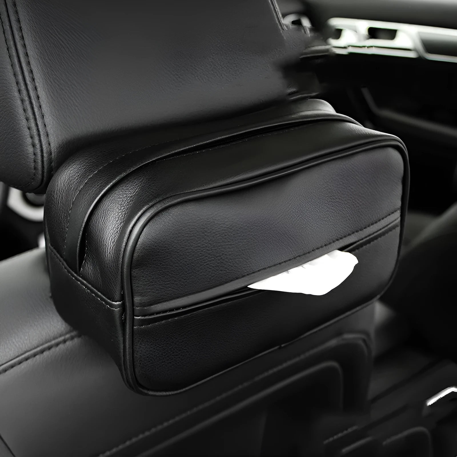 Black PU leather hanging storage box or bag with dimensions shown for car organisation.