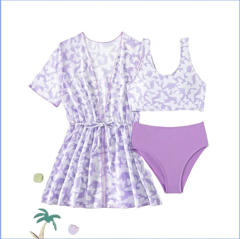 Girls three-piece split swimsuit with cover print design in colour 3218