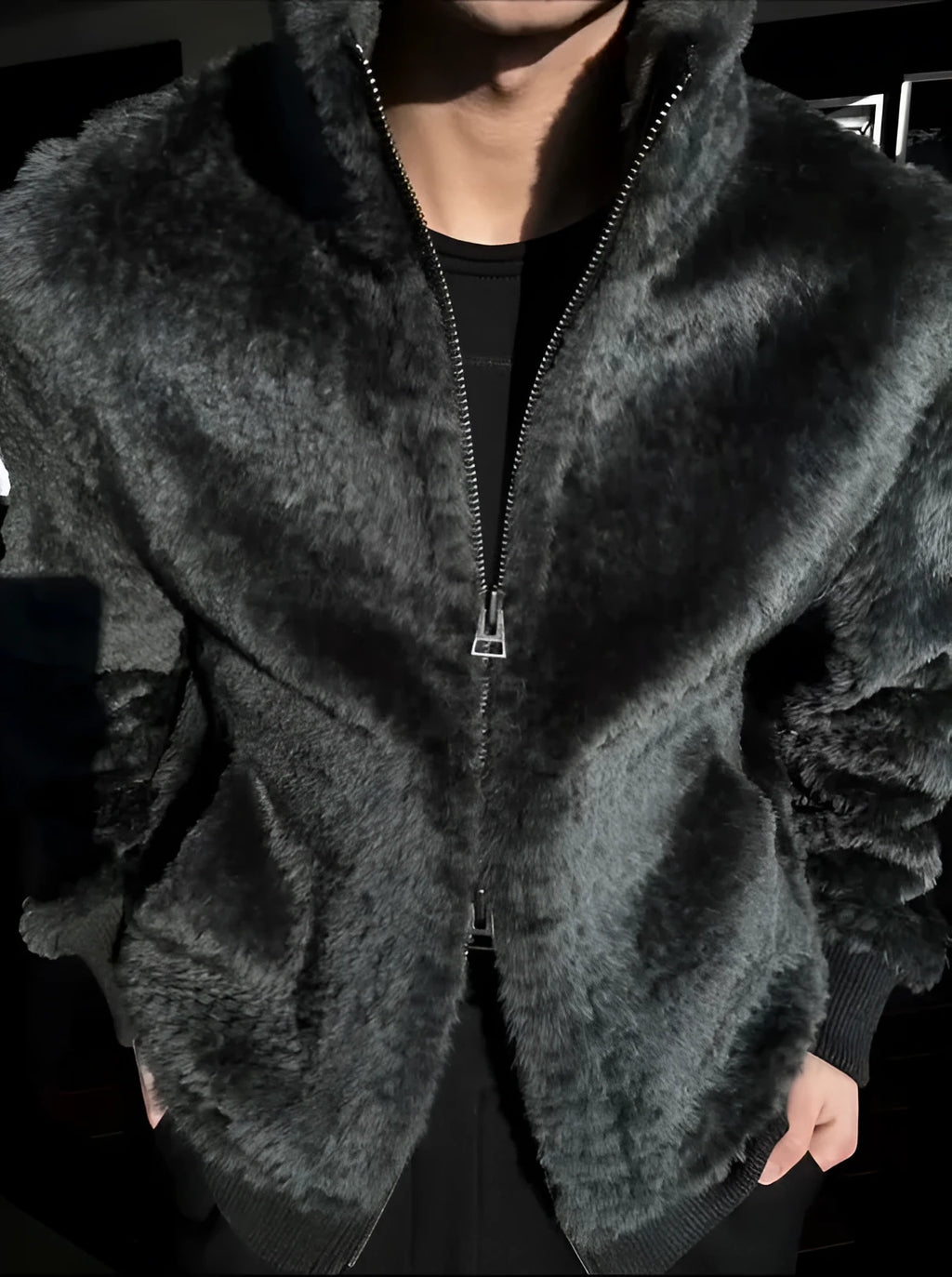 Men's fashion autumn and winter plush zipper jacket in black with front zip closure