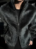 Men's fashion autumn and winter plush zipper jacket in black with front zip closure