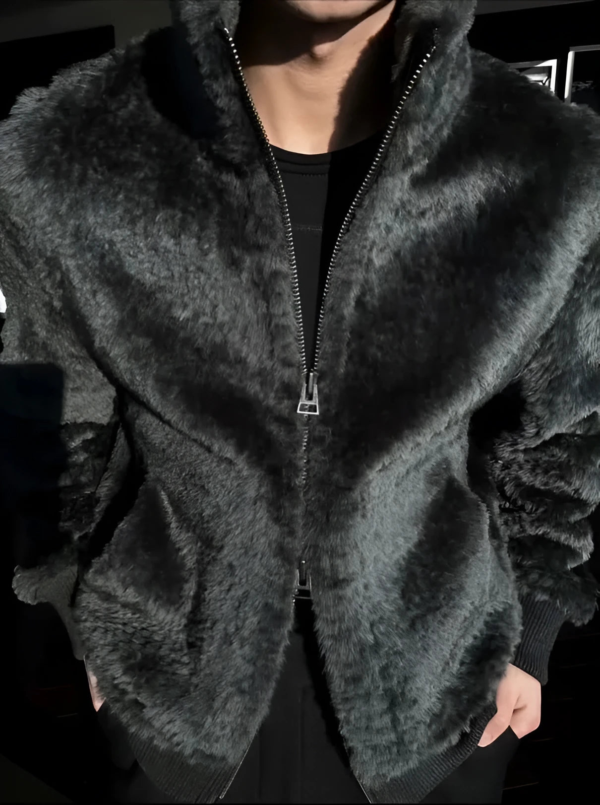 Men's fashion autumn and winter plush zipper jacket in black with front zip closure