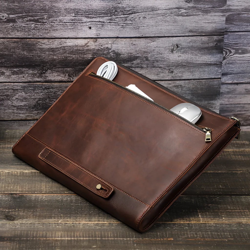Crazy Horse Oil Leather zipper laptop bag in reddish brown or coffee, leather PC bag with zip closure