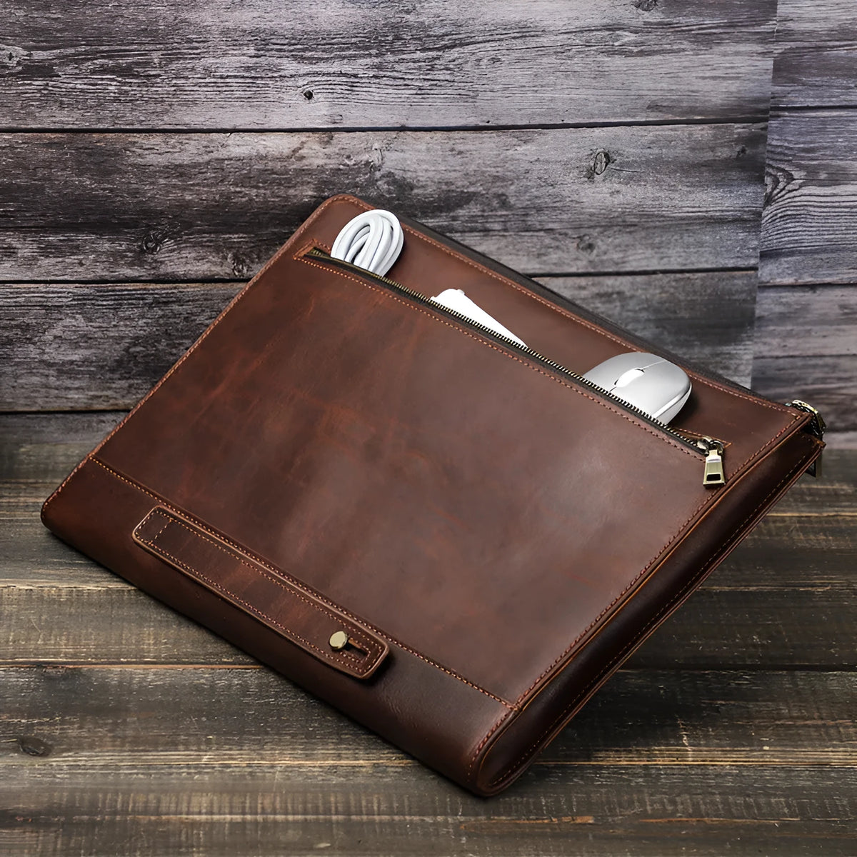 Crazy Horse Oil Leather zipper laptop bag in reddish brown or coffee, leather PC bag with zip closure