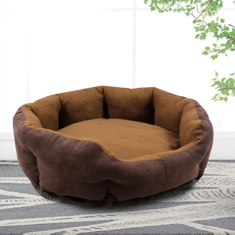 Round cloth pet nest in grey with a removable cover, suitable for dogs and cats size M to XXL