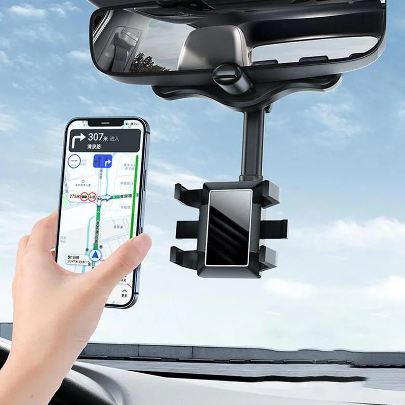 Black rearview mirror car phone holder with rotating head and telescopic arm extended