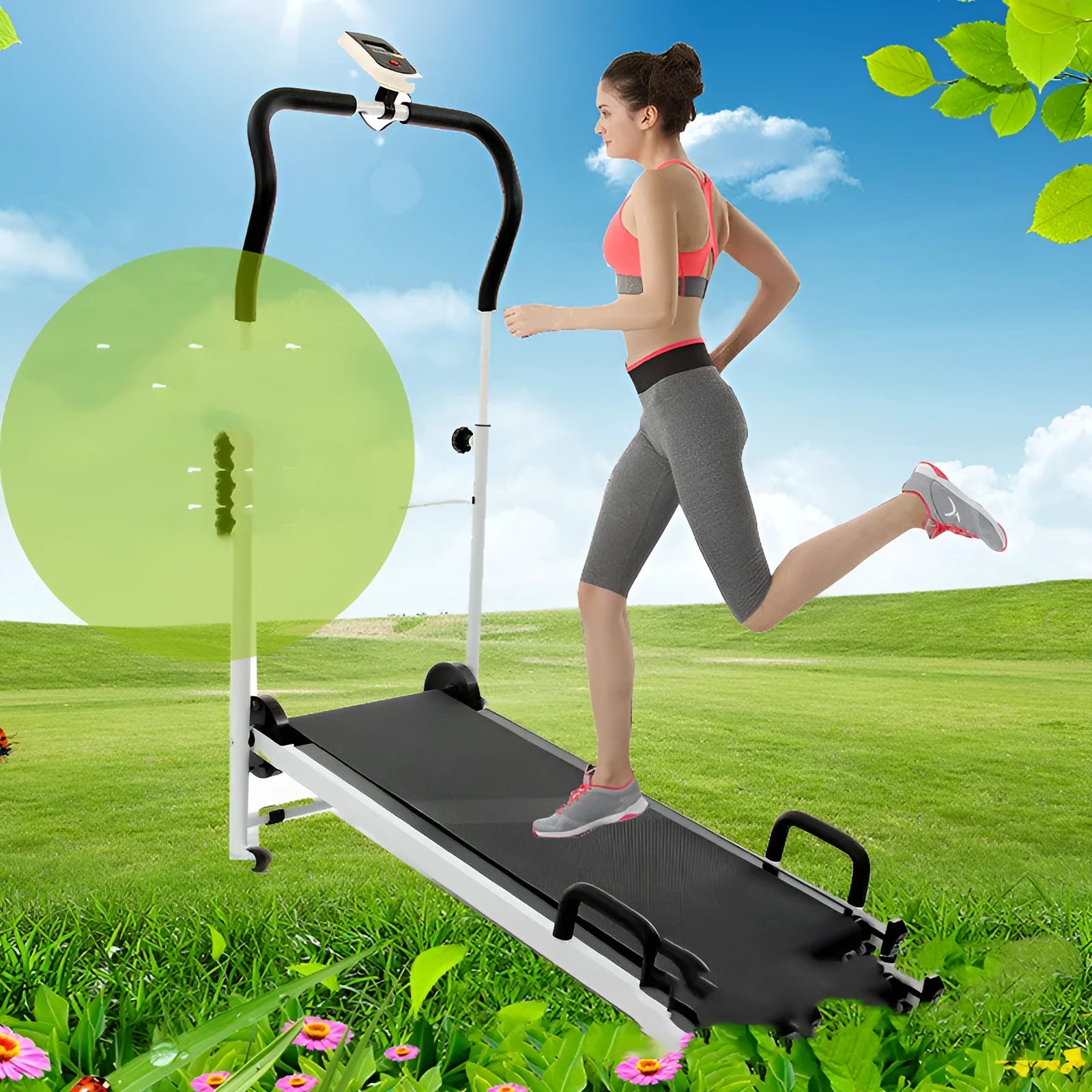 Multi-purpose folding walking machine in grey with compact dimensions, foldable frame, and contact heart rate sensors on handlebars