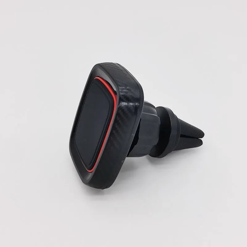 Black universal car phone holder mounted on vehicle air vent with adjustable clamp and 360-degree rotation mechanism