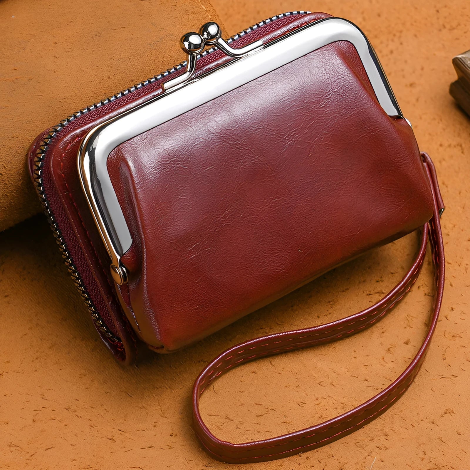 Round ladies coin purse with snap fastener and detachable metal clip, shown in assorted colours.