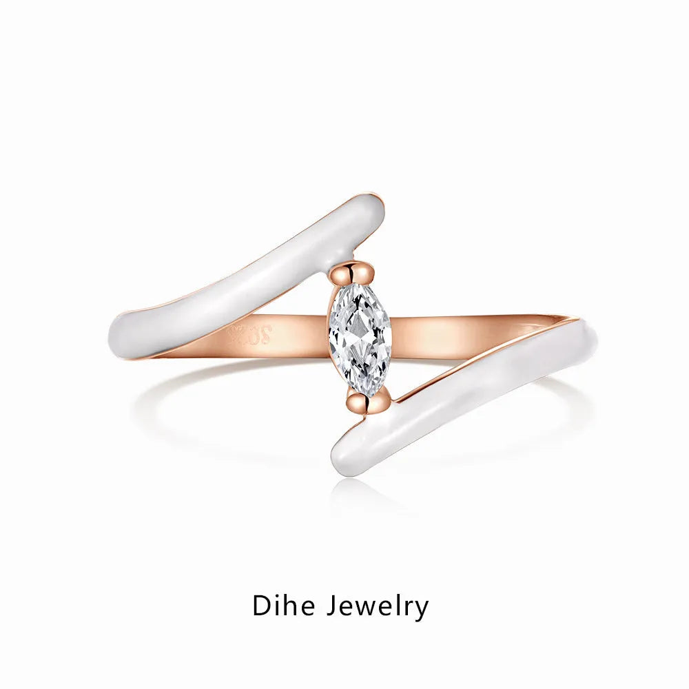 Silver ring for women with symmetrical white geometric design, platinum finish, sizes 5 to 9