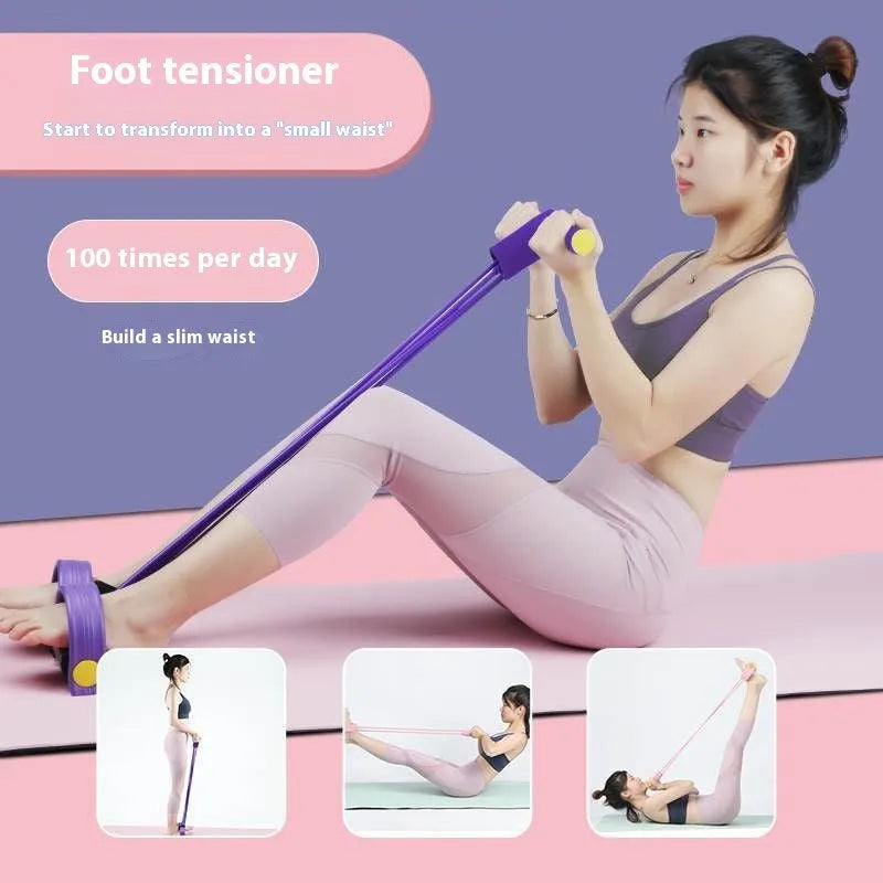Yoga four piece fitness set with leg stretcher, pedal device, yoga ring, and figure eight tension rope.