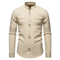 Men's long-sleeved polyester casual shirt in black, white, and khaki colours, slim fit, cardigan style