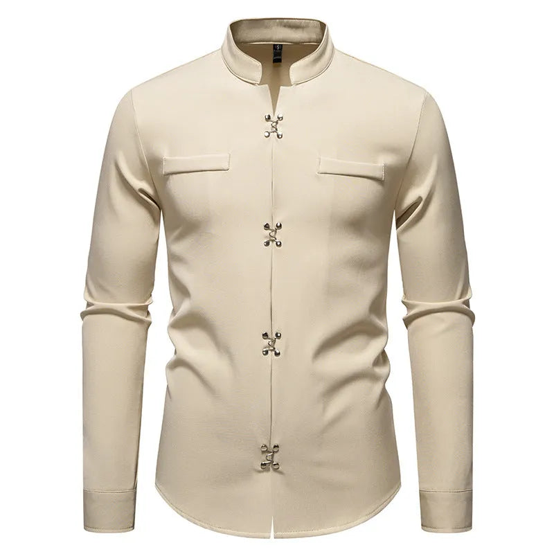 Men's long-sleeved polyester casual shirt in black, white, and khaki colours, slim fit, cardigan style