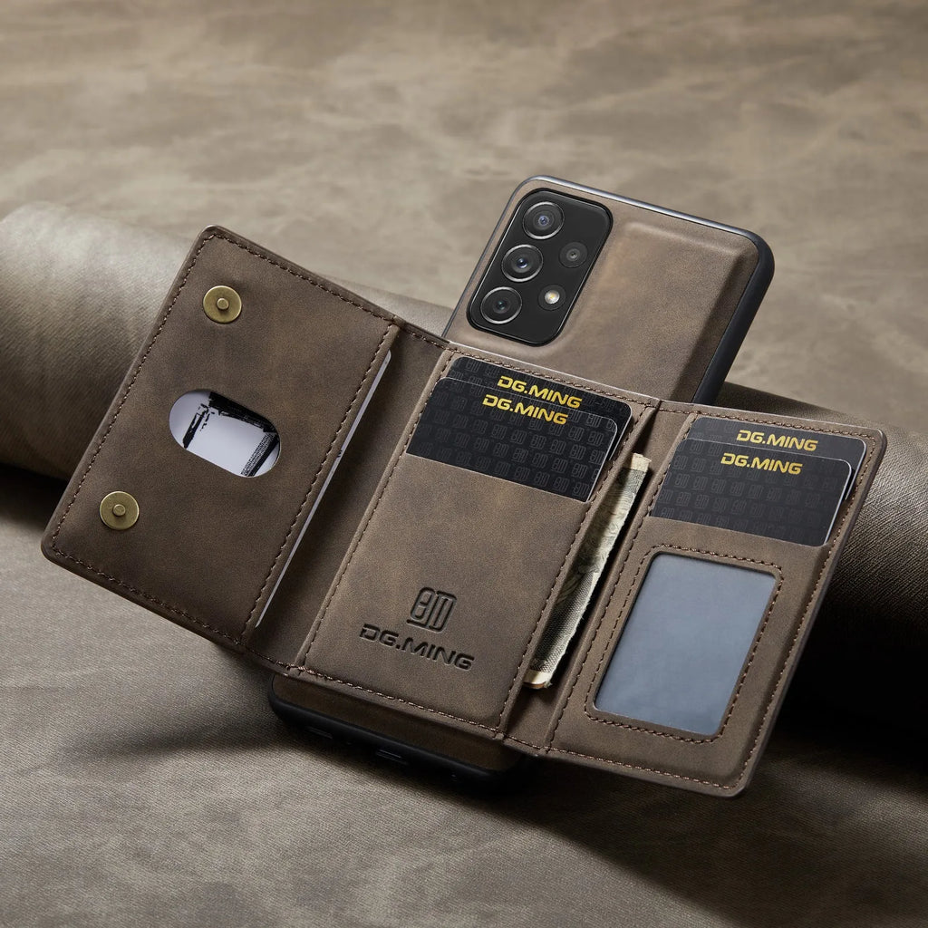 Samsung anti-fall wallet phone case in PU leather with card slot and magnetic bracket, retro style, multiple colours