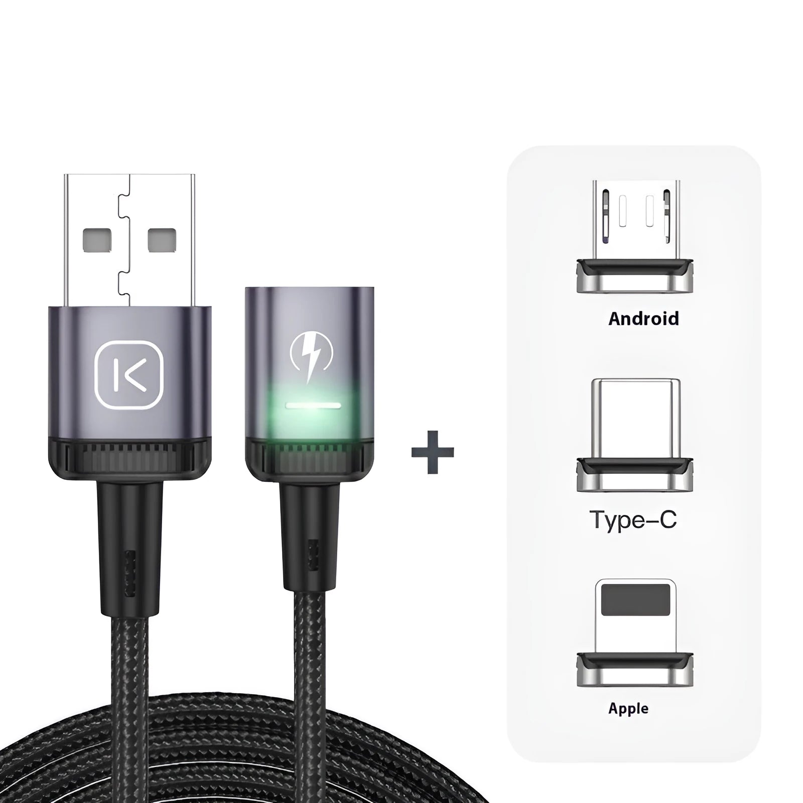 3-in-1 magnetic data cable with woven braid, aluminum alloy connector, Lightning Micro USB Type-C ports in black