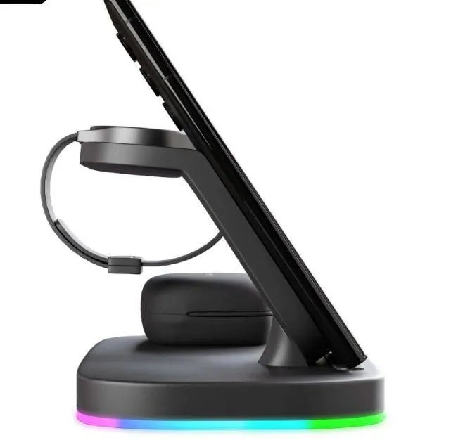 Vertical 3-in-1 wireless charging stand for mobile phone, smartwatch, and headphones.