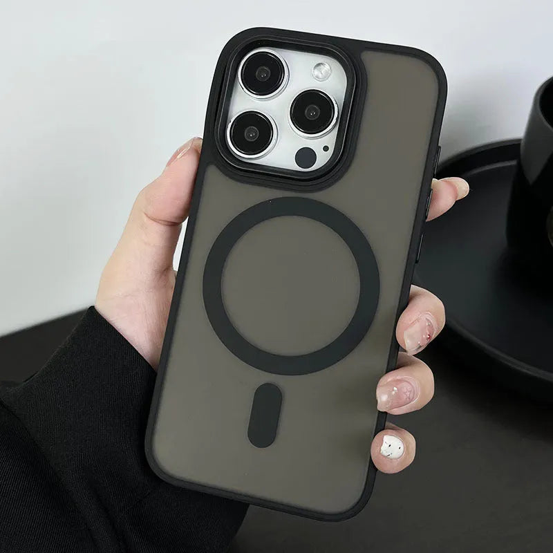 Large hole frosted magnetic iPhone case in black, PC TPU cover for iPhone 11 to 15 Pro Max