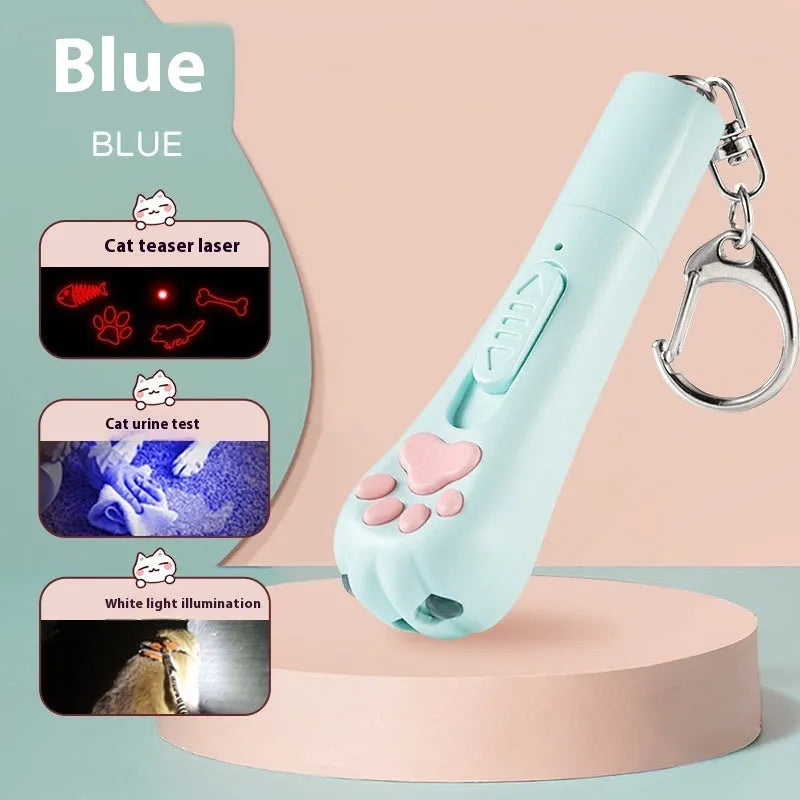 Rechargeable cat teaser toy with extended pole and feather, shown in sky blue colour.