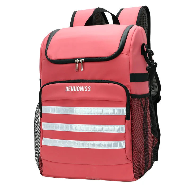20 litre cloth backpack with bottle opener on shoulder strap in black, blue, pink, or red