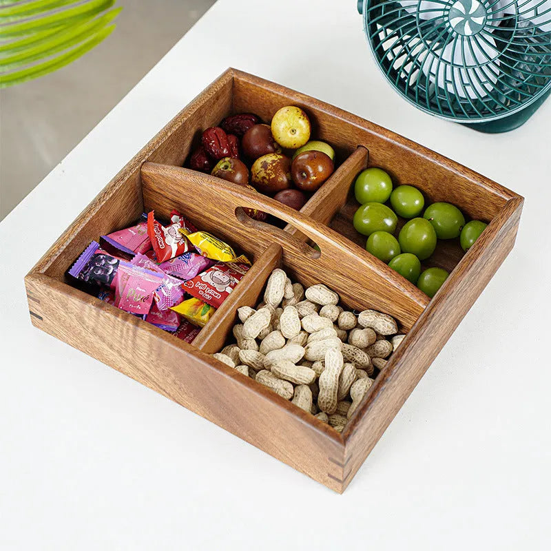 Solid wood snack candy trial tray in burlywood with New Chinese style, shown with multiple grid options including covered and uncovered versions.