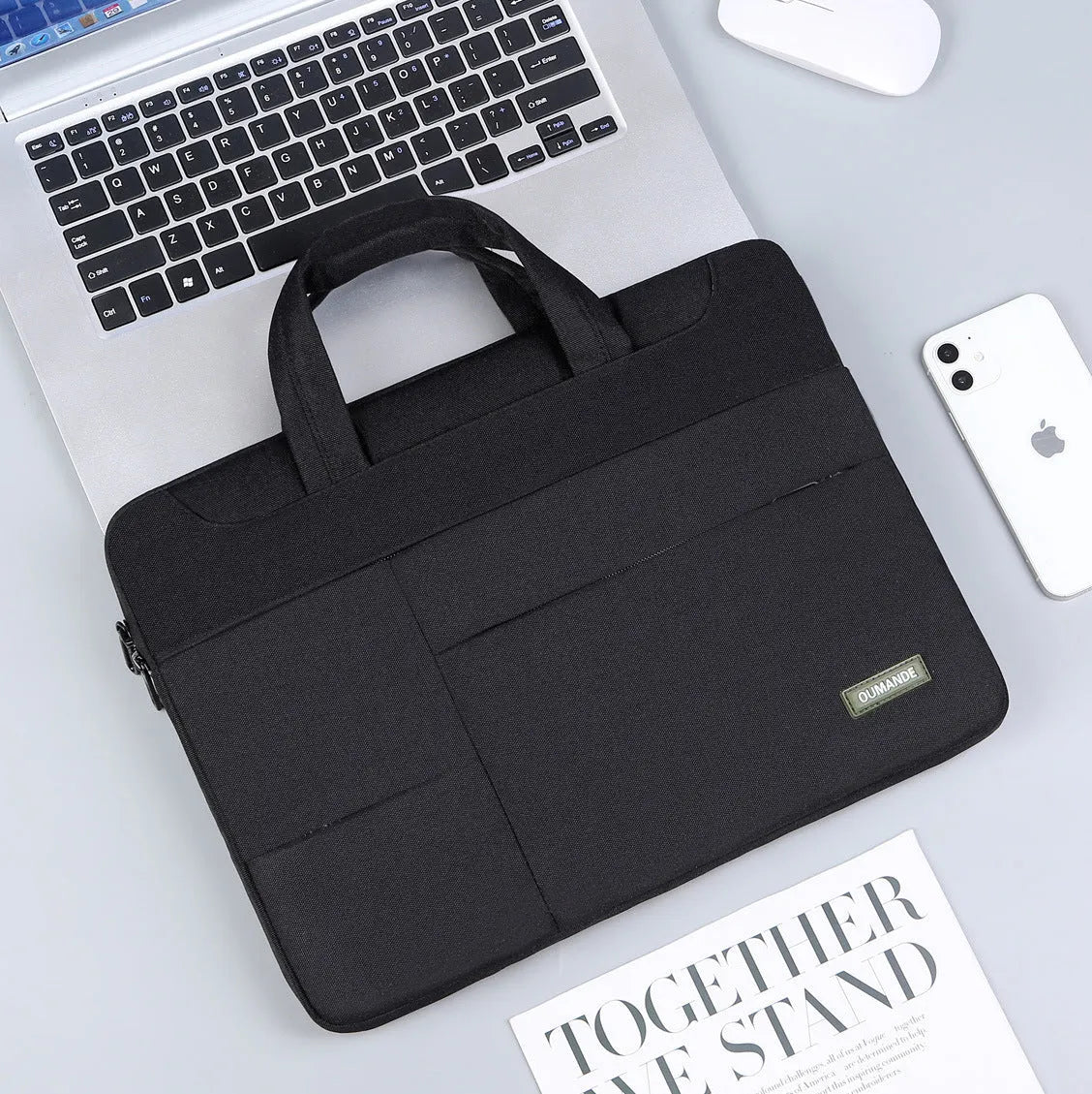 Waterproof Oxford cloth 15.6-inch laptop bag in dark grey with sewing line detail