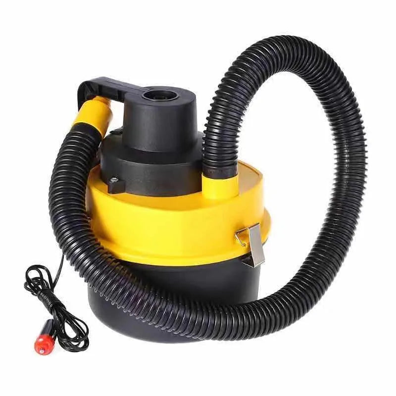 Car portable vacuum cleaner with high power 90W, red, with attachments including brush and hose on a car seat
