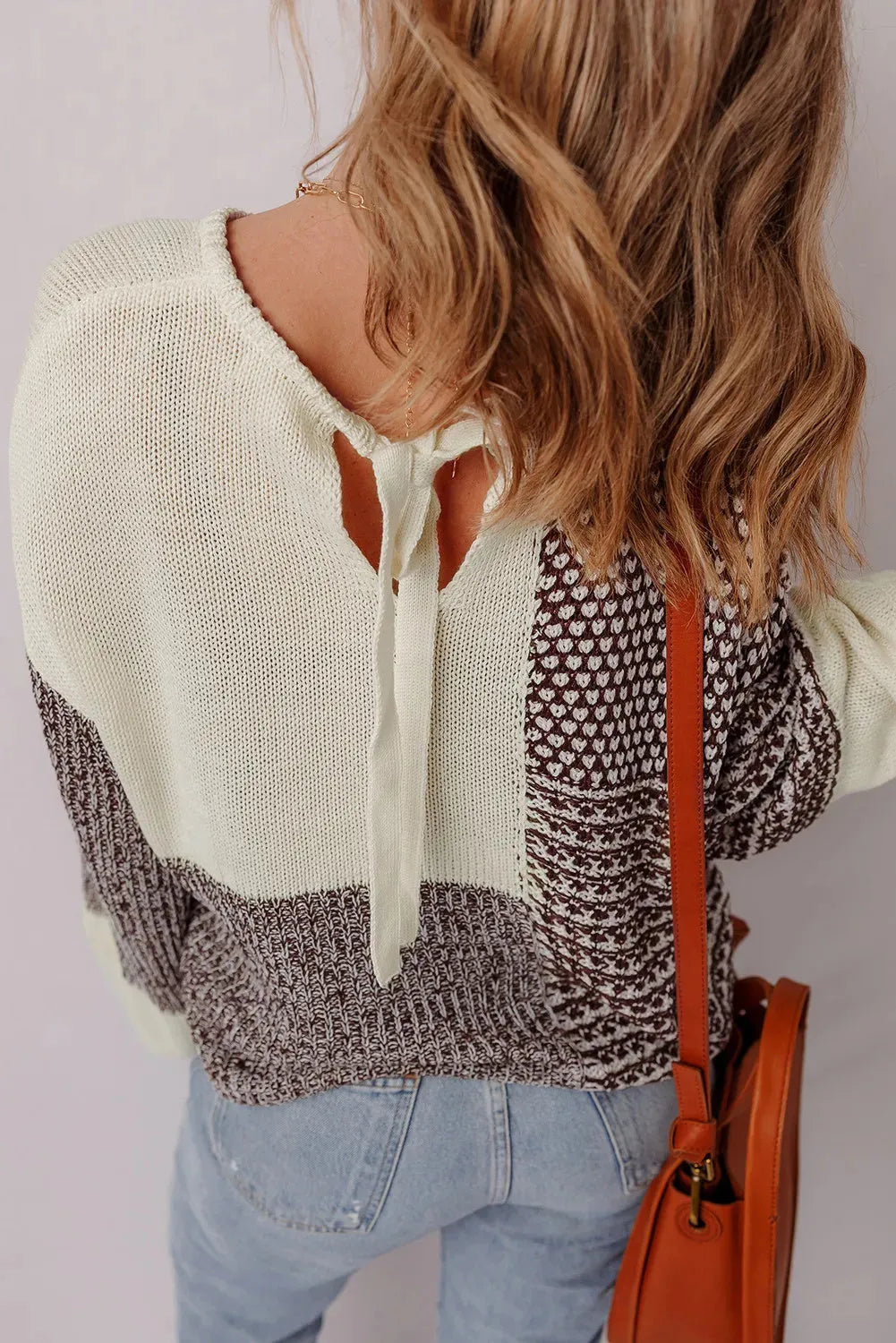 Dark khaki colour block women's loose sweater with drop shoulders and a back tie fastening.