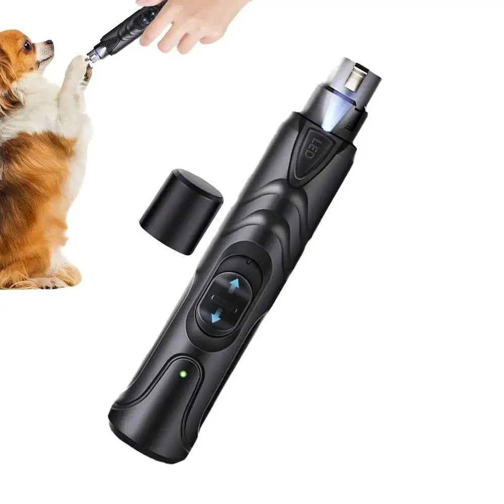 Black rechargeable dog nail grinder with LED light, shown with its 2-speed settings.