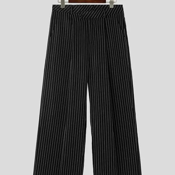 Men's black vertical striped pleated casual trousers showing front and side views